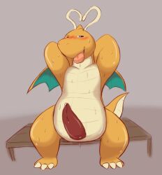 2016 anthro blush bodily_fluids dragonite erection generation_1_pokemon genitals hi_res kemono male nakadashimashta nintendo penis pokemon pokemon_(species) sitting slightly_chubby solo sweat video_games