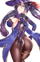 1girls absurd_res armwear ass big_ass big_breasts blue_eyes breasts clothing dat_ass female female_only genshin_impact hair hand_on_ass hat headwear high_resolution highres huge_ass large_ass leggings legwear leotard mona_(genshin_impact) mona_ass purple_hair sakuraoo sideboob smile solo solo_female thick_thighs thighs twintails witch_hat