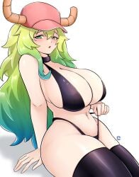 1girls big_breasts bikini bikini_bottom bikini_top black_bikini black_thighhighs blonde_hair breasts female female_only green_eyes hair hat headwear heterochromia horns huge_breasts jrpuls3 long_hair mature mature_female mature_woman miss_kobayashi's_dragon_maid quetzalcoatl_(dragon_maid) solo solo_female swimsuit swimwear thick_thighs thighhighs thighs two_tone_hair yellow_eyes