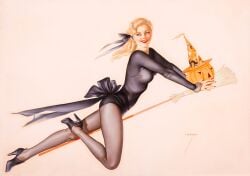 1950s 1953 1girls 20th_century 50s alberto_vargas bewitched blonde blonde_hair blue_eyes breasts broom_riding female female_only halloween high_heels looking_back original pinup pinup_girl playing_card side_view smiling solo straight_hair tights vintage witch