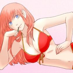 3mm aged_up alternate_costume arm_support big_breasts bikini blue_eyes cleavage female female_only gintama hair_down hand_on_hip kagura_(gintama) long_hair looking_at_viewer on_side orange_hair red_bikini solo swimsuit