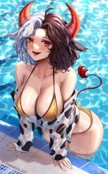 1girls 2022 big_breasts bulging_breasts cow_bikini cow_girl enmanuelart20 looking_at_viewer multicolored_hair poolside short_hair tagme tail touhou urumi_ushizaki wet_clothes wet_skin