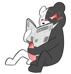 2020 anthro balls black_body blush bodily_fluids danganronpa erection genital_fluids genitals hi_res kemono male mammal masturbation monokuma nakadashimashta newspaper no_humans penis precum reading sitting solo straight_hair sweat ursid white_body