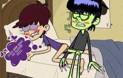 bedroom blush closed_eyes crossover edit english_text gorillaz luna_loud murdoc_niccals partially_clothed tagme the_loud_house what