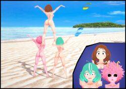 3girls amanwithnoplan ass beach embarrassed_nude_female enf female female_only hagakure_tooru_(visible) mina_ashido multiple_girls my_hero_academia nude ochako_uraraka pop_goes public_nudity tooru_hagakure tooru_hagakure_(visible) wardrobe_malfunction