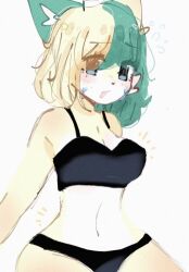 1girls :0 female female_focus female_only furry multicolored_hair nervous_face nervous_smile oc sweat two_tone_hair underwear white_background white_body white_ears white_fur white_hair white_skin wsopiss