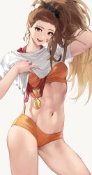 1girls abs absurd_res absurdres adjusting_hair arm_up arms_up bandaid bandaid_on_cheek bandaid_on_face belly belly_button black_scrunchie breasts brown_eyes brown_hair captain_mizuki clothes clothes_lift clothes_pull contrapposto female female_focus female_only fingers hand_on_hair head_tilt hi_res high_resolution highres light-skinned_female light_skin looking_at_viewer medal medallion medium_breasts muscular muscular_female navel one-punch_man only_female open_mouth ponytail pulling pulling_clothing sabotensuteeki scrunchie shirt simple_background smile smiling smiling_at_viewer solo solo_female solo_focus sports_bikini sports_bra sportswear stomach teeth thighs tongue white_background white_shirt