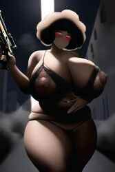 1girls afro ai_generated belly_piercing blush breasts breasts_bigger_than_head chubby dark-skinned_female dark_hair dark_skin female gigantic_breasts gun human lingerie looking_at_viewer nai_diffusion nipples red_eyes solo stable_diffusion thick thick_thighs touching_belly voluptuous wide_hips