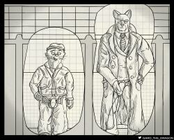 2022 absurd_res balls bathroom blacksad bodily_fluids clothed clothing coat duo felid feline foreskin garo_(artist) genital_fluids genitals hand_on_hip hat headgear headwear hi_res holding_penis john_blacksad kinktober looking_at_another looking_at_genitalia looking_at_penis male male/male mammal monochrome mustela mustelid musteline peeing penis plantigrade pubes public_restroom simple_background size_difference topwear true_musteline urine watersports weekly whiskers