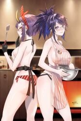 2girls apron apron_only big_breasts cooking female female_only housewife kivonotbabu kson_onair light-skinned_female onigiri_(vtuber) virtual_youtuber vshojo