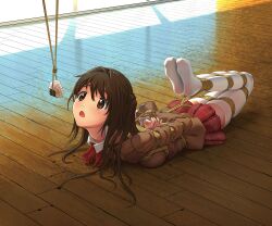 1girls bondage brown_eyes brown_hair feeding onigiri red_skirt thighhighs