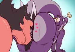 all_fours ambiguous/ambiguous ambiguous_gender anthro ass ass_up brown_body butt_focus chibsarts chiderg dragon duo ear_piercing flustered horn_jewelry horn_ring kobold nuzzling orange_body piercing purple_body raised_tail ring_(jewelry) scalie scarf_(scafen) shocked shocked_expression surprise surprised_expression wedged