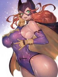 1girls barbara_gordon batgirl batman_(series) breasts cape dc dc_comics female fumio_(rsqkr) green_eyes heroine highleg_leotard hips large_breasts leotard light-skinned_female light_skin long_hair mask red_hair slim_waist superheroine thick_thighs thighs wide_hips