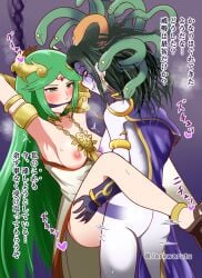 1futa 1girls alternate_version_at_source alternate_version_available areolae arms_tied_behind_head ass blush bondage breasts chains clothed clothing dark_green_hair dialogue dubious_consent duo exposed_breasts female futa_on_female futanari futanari_penetrating gag gagged green_eyes green_hair grey_eyes hearts human humanoid japanese_text jarkwarutu kid_icarus kid_icarus_uprising light-skinned_female light-skinned_futanari light_skin looking_at_partner medusa_(kid_icarus) mostly_nude nintendo nipples no_panties nude palutena partially_clothed partially_nude penis_silhouette pink_nipples purple_nipples rape snake_hair standing sweating text translated upright_straddle