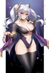 1girls alternate_costume athletic_leotard bare_thighs big_breasts blush bodysuit breasts bridal_gauntlets burnt_green_tea cleavage collar dark_persona evil evil_grin evil_smile femdom fire_emblem fire_emblem_awakening fire_emblem_heroes grima_(fire_emblem) hand_on_breast hand_on_own_chest highres holding holding_leash large_breasts leash leotard lips long_hair long_sleeves looking_at_viewer magic navel nintendo official_alternate_costume open_mouth purple_nails red_eyes robin_(female)_(fell_tactician)_(fire_emblem) robin_(fire_emblem) robin_(fire_emblem)_(female) simple_background skin_tight smile solo spiked_collar spikes thighhighs thighs tight_clothing twintails white_hair wide_hips