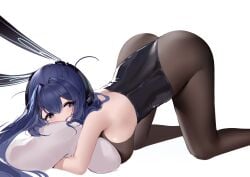 1girls all_fours an_yasuri ass ass_up azur_lane black_leotard black_pantyhose blue_eyes blue_hair breasts bunny_ears clothed clothed_female female female_only heart-shaped_pupils leotard light-skinned_female light_skin looking_at_viewer medium_breasts new_jersey_(azur_lane) new_jersey_(exhilarating_steps!)_(azur_lane) pantyhose pillow pillow_grab pillow_hug playboy_bunny simple_background solid_color_background solo top-down_bottom-up unusual_pupils white_background