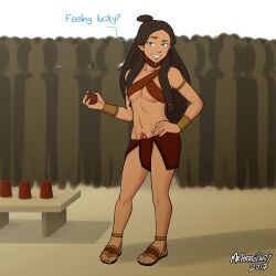 1girls 2017 abs artist_name avatar_the_last_airbender ball blue_eyes choker clothing crowd dark-skinned_female dark_skin dialogue female female_focus female_only fire_nation fire_nation_clothing gold gold_jewelry grin hairbun hips inuit katara long_hair looking_at_viewer medium_breasts mrpotatoparty necklace open_toe_shoes sandals skirt smug solo talking_to_viewer tattoo thighs tied_hair underboob water_tribe