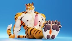 1boy 2022 3d_(artwork) abs anthro balls barazoku barefoot biceps big_muscles big_penis blue_background claws connivingrat digital_media_(artwork) erection feet felid fur genitals hi_res huge_muscles humanoid_genitalia humanoid_penis looking_at_viewer male male_only mammal muscular muscular_anthro muscular_male nipples nude obliques pantherine pawpads pecs penis simple_background sitting smile soles solo stead_(connivingrat) thick_thighs tiger tuft vein