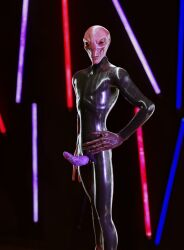 3d_(artwork) agent_verge alien clothing digital_media_(artwork) erection front_view genitals hi_res humanoid latex looking_at_viewer male not_furry nude penile penis purple_penis ralic_turman rubber rubber_clothing rubber_suit sectoid simple_background solo video_games x-com x-com:_chimera_squad