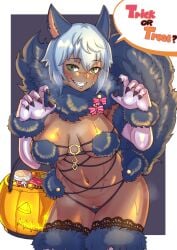 blue_hair candles clawed_fingers dangerous_beast easter_egg ebonyxh fangs final_fantasy final_fantasy_xiv fur_bikini green_eyes halloween_costume looking_at_viewer mash_kyrielight_(dangerous_beast)_(cosplay) miqo'te mole_under_eye muscular_female original_character pubic_hair_peek scars smile sweatdrop tail thong