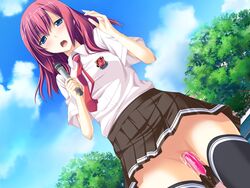 blue_eyes censored futsu_janai game_cg masturbation microphone pussy pussy_juice red_hair sakurazaki_kotoko seifuku thighhighs vibrator