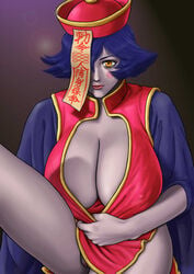 1girls alternate_breast_size big_breasts blush bottomless_skirt breasts capcom censored chinadress chinese_clothes cleavage cleavage_cutout clothing curvy darkstalkers demon_girl dress dress_lift erect_nipples erect_nipples_under_clothes female female_only hair_over_one_eyes hat hips hsien_ko huge_breasts hyper hyper_breasts jiangshi karma-laboratory large_breasts lei-lei lei_lei nipple_bulge nipples no_panties ofuda pale pulling_down_dress purple_hair purple_skin pussy short_hair skirt skirt_lift solo undead vagina violet_hair wide_hips yellow_eyes