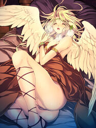 angel_wings ankle_lace-up armlet ass bed bed_sheet blonde_hair blush bracelet breath censored closed_eyes covering cross-laced_footwear crossed_arms earrings fingernails head_wreath highres jewelry long_hair lying mosaic mosaic_censoring necklace nipples nude_cover on_back open_mouth original pillow pubic_hair pussy ribbon sandals sheets shijimi_(osumashi) shoes solo sweat vagina wings