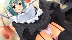 blush cameltoe game_cg green_eyes green_hair maid muririn noble_works panties pussy_juice skirt_lift stockings tsukiyama_sena underwear vibrator wet