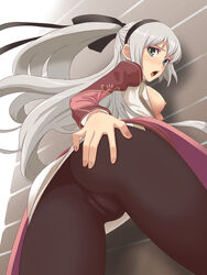 1girls black_legwear black_pantyhose black_ribbon blush breasts cameltoe crotch eiyuu_densetsu elie_macdowell falcom female green_eyes grey_hair hair_ribbon hairband headband highres hou_(hachiyou) long_hair looking_back nipples no_bra no_panties open_mouth pantyhose ponytail ribbon see-through silver_hair solo tied_hair uncensored white_hair zero_no_kiseki