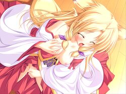 animal_ears blonde_hair breasts fox_girl game_cg hakama inakoi japanese_clothes kamishiro_mutsuki masturbation miko nipples pussy_juice ribbons tail tenmaso whirlpool