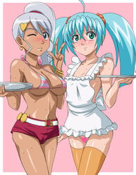 2girls apron bakugan bakugan_battle_brawlers bikini_top blue_eyes blush censored chocolate_and_vanilla dark_skin erect_nipples green_eyes highres legwear long_hair multiple_girls naked_apron runo_misaki_(bakugan) shorts silver_hair smile stockings thighhighs tied_hair twintails wink