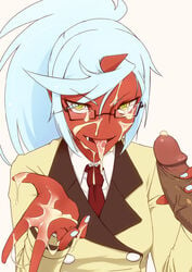 cum cum_in_mouth cum_on_body cum_on_glasses cum_on_hand cum_on_tongue cum_on_upper_body cute_fang dark-skinned_male dark_skin demon_girl facial glasses green_eyes horn interracial kneesocks_daemon male oni open_mouth panty_&_stocking_with_garterbelt penis ponytail red_skin school_uniform smile tied_hair tongue uncensored uniform yoshinome