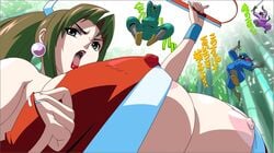 bow brown_eyes brown_hair curvy earrings fan female forest huge_breasts human jyubei king_of_fighters kunoichi lipstick mai_shiranui ninja nipples open_mouth sword weapon