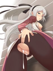 after_sex against_wall black_legwear black_pantyhose blush breasts cum cum_inside cumdrip eiyuu_densetsu elie_macdowell falcom female from_below green_eyes grey_hair hair_ribbon highres hou_(hachiyou) long_hair looking_at_viewer looking_back looking_behind nipples no_bra open_mouth pantyhose ponytail pussy ribbon solo tear tied_hair torn_clothes torn_pantyhose uncensored white_hair zero_no_kiseki