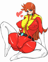 1girls artist_request belt blue_eyes blush bodysuit boots breasts cameltoe curvaceous erect_nipples female gloves heart light-skinned_female light_skin long_hair maria_grace_fleed mazinger pilot_suit red_hair sitting smile suit thick_thighs ufo_robo_grendizer wide_hips