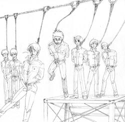 2008 6+boys asphyxiation censored cum death ejaculation erection execution gay gokkoseppuku group group_hanging hanged human male male_death male_only male_ryona monochrome noose penis school_uniform what yaoi