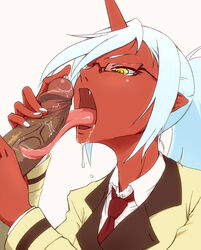 blue_hair cute_fang dark-skinned_male dark_skin demon_girl demon_horns fellatio glasses horns huge_tongue interracial kneesocks_daemon long_hair long_tongue male monster_girl necktie open_mouth oral panty_&_stocking_with_garterbelt penis ponytail precum red_skin saliva solo_focus tied_hair tongue uncensored yoshinome