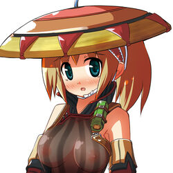 blue_eyes blush breasts brown_hair capcom hat monster_hunter monster_hunter_portable_3rd see-through yukumo_(armor)