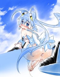 anus aoba_anoa ass blue_eyes blue_hair blush bottomless breasts censored clothing clouds cum futa_sans_balls futanari hair_ornament handjob intersex long_hair looking_back masturbation open_mouth otomedius penis precum pussy ribbon sideboob sky uma_(umaya) vagina