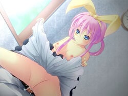 1boy 1girls blue_eyes bow breasts censored clothing kuroneko_shiro nipples penis pink_hair pussy ribbons sex sherlock_shellingford straight tantei_opera_milky_holmes topless