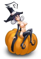 alpha_channel blair_(soul_eater) blush detached_sleeves hat large_breasts long_hair otocai pumpkin purple_hair sitting soul_eater thighhighs transparent_background witch_hat yellow_eyes