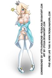 blonde_hair blush crown dress_lift earrings english_text female hair_over_one_eye heels large_breasts mario_(series) nail_polish nintendo no_bra otocai panties princess_rosalina smile solo standing star_panties super_mario_galaxy thighhighs transparent_background url wand