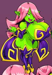 1girls big_ass big_breasts cleavage dart_(thecon) elf_ears footwear goblin goblin_female green-skinned_female green_skin hair_over_one_eye high_heels long_hair looking_at_viewer original original_character pink_hair shortstack thecon thick_thighs thighhighs wide_hips