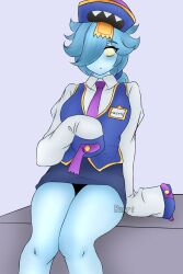 blue_hair blue_skin brawl_stars burrito631 colette_(brawl_stars) hair_between_eyes long_sleeves looking_at_viewer miniskirt short_hair sitting thighs ticket tie