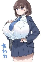 1girls ai-chan_(tawawa) akitokage bakunyuu blank_background blazer blue_eyes_female blue_jacket blue_microskirt blue_miniskirt blue_necktie blue_skirt blush blushing_at_viewer braid braided_hair breasts breasts_bigger_than_head brown_hair brown_hair_female bulging_breasts bursting_breasts button_gap buttoned_shirt cleavage clothed collared_shirt eye_contact eyebrows_visible_through_hair female female_focus female_only getsuyoubi_no_tawawa hand_above_breast hand_on_own_breast hi_res high_resolution highres huge_breasts huge_cleavage jacket japanese_text light-skinned_female light_skin long_sleeves looking_at_viewer microskirt miniskirt necktie open_clothes open_jacket plain_background pleated_skirt purple_eyes purple_eyes_female school_uniform schoolgirl schoolgirl_uniform shirt shirt_pocket shirt_tucked_in short_brown_hair short_hair simple_background skirt small_but_busty solo standing straining_buttons suit suit_and_tie tight_clothing translation_request tucked_shirt undersized_clothes upper_body white_background white_shirt