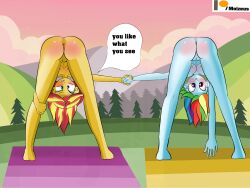 2girls anus ass barefoot breasts equestria_girls female friendship_is_magic hasbro hi_res highres holding_hands legs moizeus my_little_pony nipples outdoors presenting presenting_anus presenting_ass presenting_hindquarters rainbow_dash_(eg) rainbow_dash_(mlp) straight_hair sunset_shimmer yoga yoga_mat