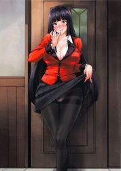 big_breasts black_hair blazer blush cleavage jabami_yumeko kakegurui large_breasts lifting_skirt lipstick panties pantyhose pink_bra school_uniform skirt_lift smile takurou