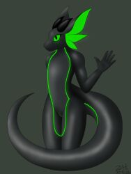 absurd_res anthro big_ears big_tail black_body dragon genitals gesture girly glistening glistening_body glowing glowing_genitalia glowing_markings green_eyes hi_res horn looking_up male markings rubber rubber_creature shaded simple_background slit soft_shading solo standing waving zaks zaks(artist)