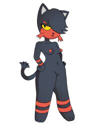 . absurd_res anthro bangs black_body black_fur breasts cheek_tuft collarbone covered_eyes digital_media_(artwork) domestic_cat efradraws eyebrows facial_tuft felid feline felis female fur generation_7_pokemon genitals goth hi_res linda_(efradraws) litten mammal multicolored_body multicolored_fur navel nintendo nude pokemon pokemon_(species) pupils pussy red_body red_fur slit_pupils small_breasts solo thick_eyebrows thick_thighs tuft two_tone_body two_tone_fur video_games whiskers wide_hips yellow_eyes