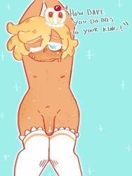 1boy aged_up bite_mark bite_marks blonde_hair cock cookie_run cookie_run_kingdom crown custard_cookie_iii dialogue inainis male male_only sweat thighhighs tied_up uchuu151